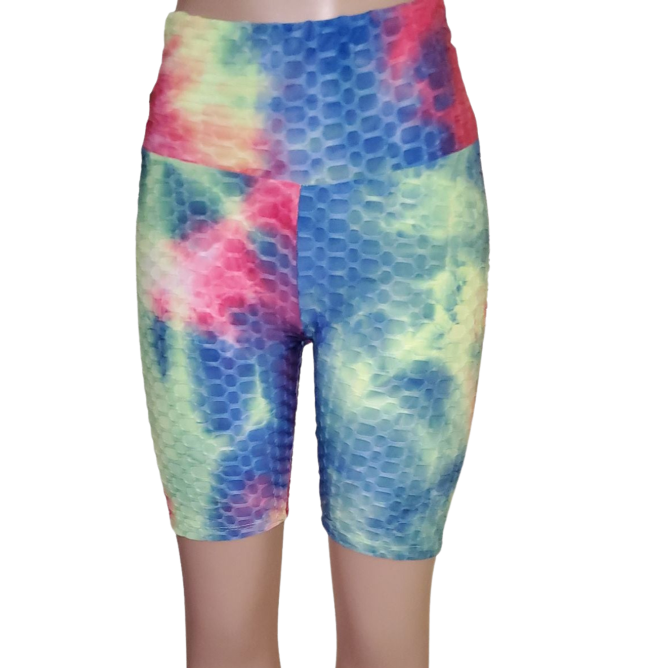 Vibrant Tie-Dye Honeycomb Knit Biker Shorts - A fashionable and comfortable pair of shorts with a tie-dye pattern and honeycomb knit texture.