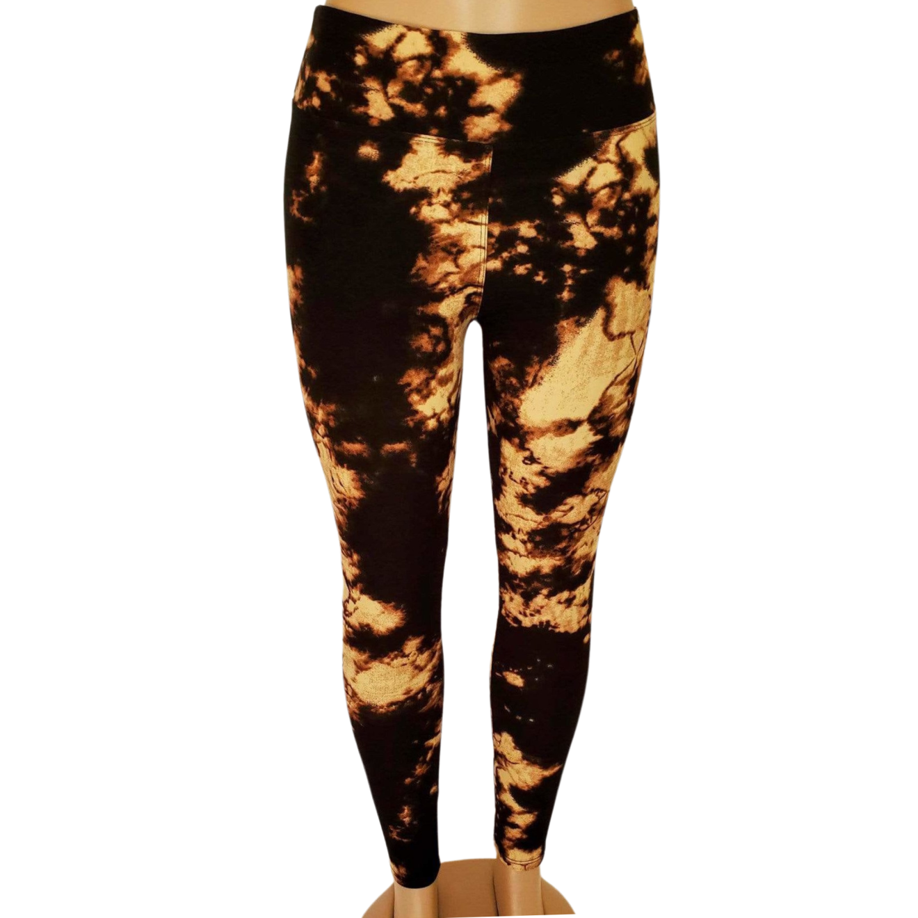 A pair of high waist tie dye yoga pants in black and brown. Perfect for fitness, yoga, and casual wear.