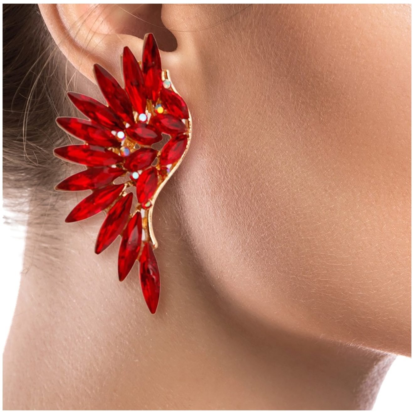 Gold and Red Crystal Rhinestone Wing Shaped Clip-On Earrings with Marquise Gem, 1.25" height and 1.15" width.