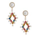 Gold metal earrings with cream pearls and diamond-shaped drop detail, adorned with multi-color rhinestones and pearls.