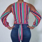 Rainbow Striped Cold Shoulder Top - Long Sleeve Tie-Front Shirt | Big Sisters - Image 3