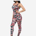 Multicolor chic jumpsuit made of 92% polyester and 8% spandex, true to size, made in China. Modeled by a person wearing size S, 5'8" tall, 34 C bust, 25" waist, 38.5" hips.