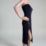 Strapless Bodycon Midi Dress with Side Buttons - Salmon & Black | Big Sisters - Image 2