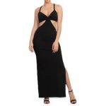 A black maxi dress with a bodycon silhouette, featuring a cut-out waist detail and a side slit, perfect for stylish summer looks.