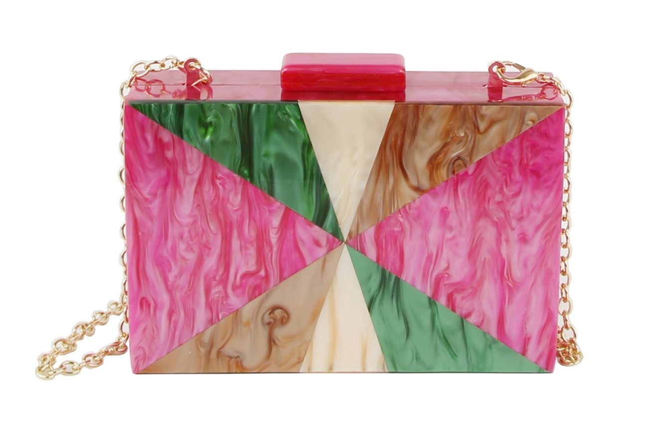 Women's pink multi-color acrylic evening cocktail clutch purse, a stylish and vibrant accessory.