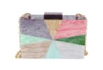 Multi-color acrylic evening cocktail clutch purse for women. Structured box design with a shining, vibrant appearance. Optional chain for personalized style. Can be used as a clutch, shoulder bag, or crossbody purse.