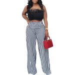 Striped Floral Print Casual Wide Leg Pants for Women
