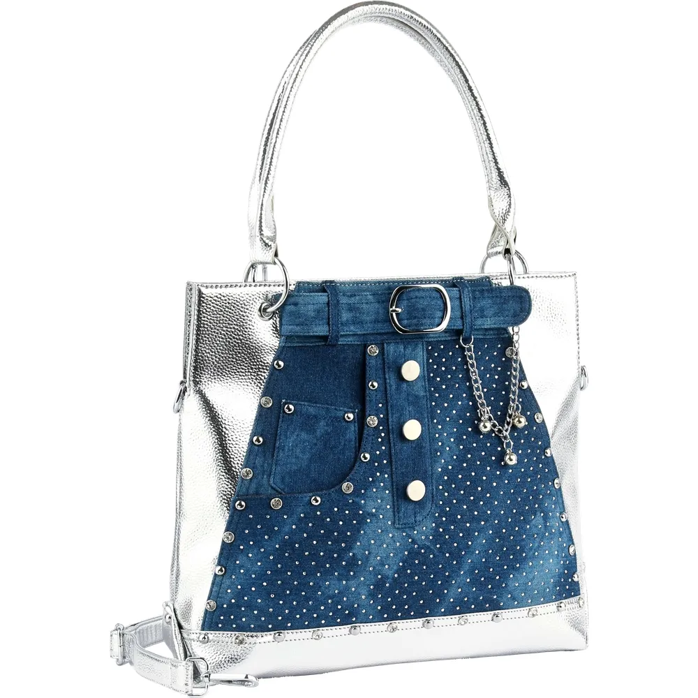 Women's Tote Handbag with Denim Jean Design and Silver Lining, Top Handle Tote for Women, Trendy Top Handle Handbag