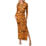 Crew Neck Tiger Print Side Slit Maxi Dress