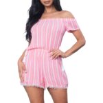 A stylish women's pink and white off-shoulder romper with candy stripe pattern and tassel trim, perfect for a chic and playful look.