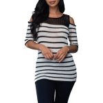 Short sleeve striped knit top with open shoulders.