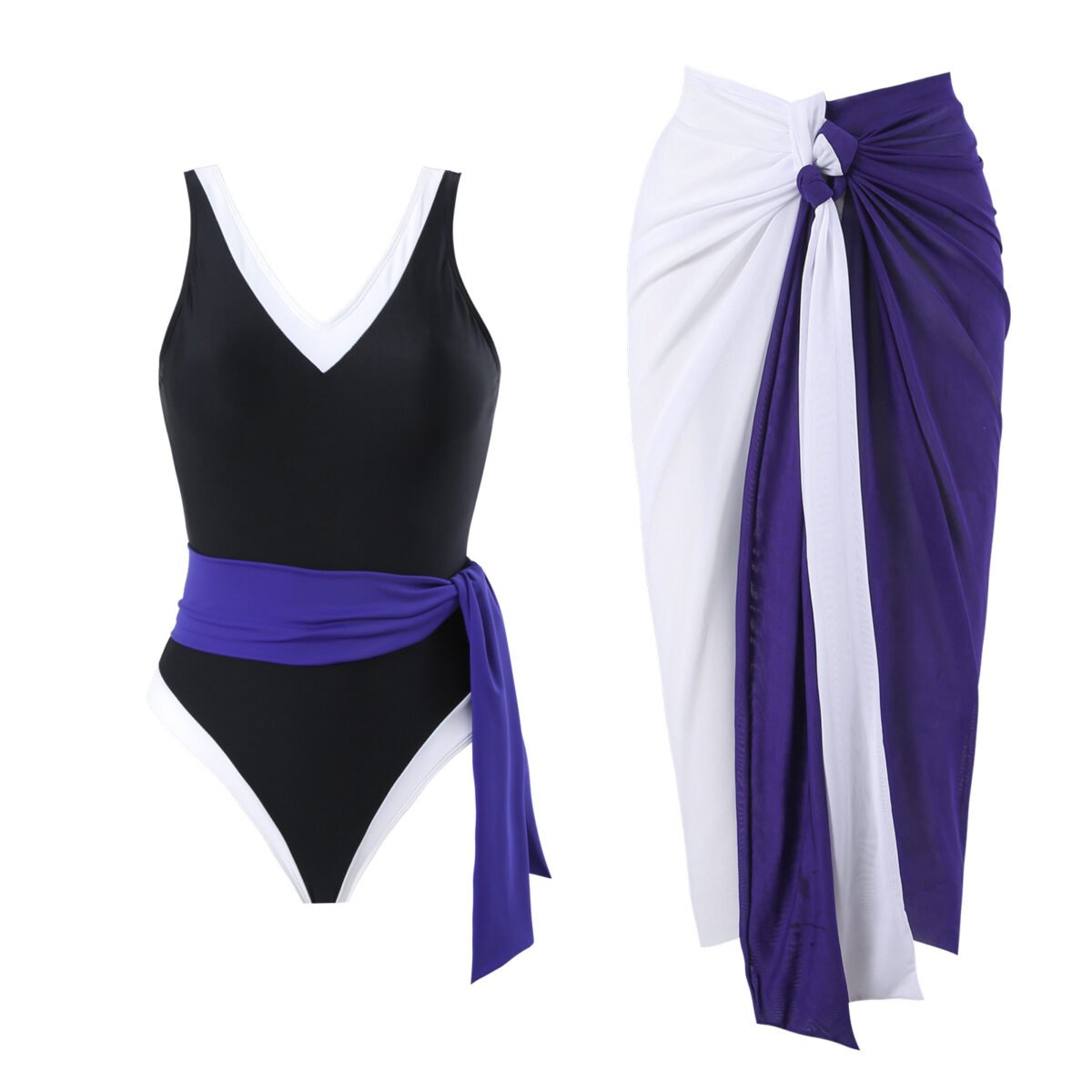 Women's Sexy Backless Solid Color Swimsuit W/ Chiffon Skirt Set