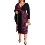 Plus size color-block maxi dress featuring leopard print and solid color sections, with a sultry V-neckline, flowing length, and curve-hugging silhouette.