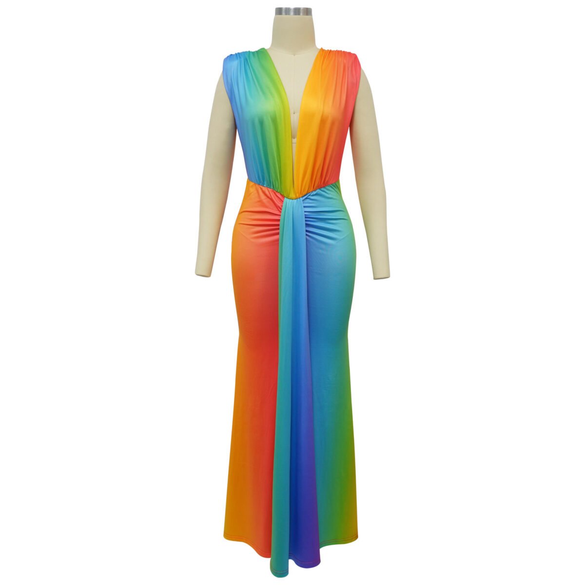 Multicolored rainbow printed sleeveless bodycon dress with plunging V-neckline.