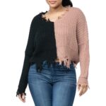 Half and Half Color Block Knit Distressed Sweater