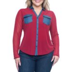 Stylish plus size burgundy button-down shirt featuring denim details, perfect for casual or office wear.