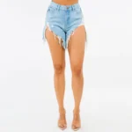 High-waisted denim shorts with a fringed distressed hem, button waist closure, slim skinny fit, made from 100% cotton. Perfect for women seeking trendy, budget-friendly spring/summer fashion