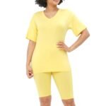 Yellow brushed DTY V-neck short sleeve tee and matching biker shorts lounge set.