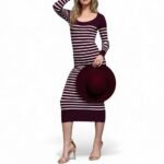 Women's Long Sleeve Round Neck Burgundy Stripe Sweater Dress - Image 2