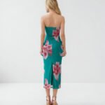 Women's Marina Teal Lily Print Tube Midi Dress - Strapless Mesh Bodycon - Image 5