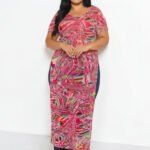 Plus Size Mesh Print Short Sleeve Top - Fuchsia Abstract Sheer Blouse with Side Slits - Image 2