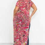 Plus Size Mesh Print Short Sleeve Top - Fuchsia Abstract Sheer Blouse with Side Slits - Image 3