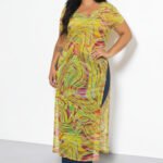 Plus Size Mesh Print Short Sleeve Top - Yellow Abstract Sheer Blouse with Side Slits - Image 3