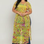 Plus Size Mesh Print Short Sleeve Top - Yellow Abstract Sheer Blouse with Side Slits - Image 2