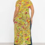 Plus Size Mesh Print Short Sleeve Top - Yellow Abstract Sheer Blouse with Side Slits - Image 5
