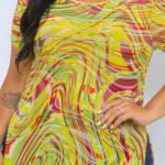 Plus Size Mesh Print Short Sleeve Top - Yellow Abstract Sheer Blouse with Side Slits - Image 4