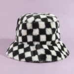 Black & White Checkered Plush Women's Bucket Hat - Image 2