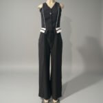 Black Contrast Trim Front Button Down Vest Top Women's Jumpsuit - Image 3