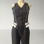 Black Contrast Trim Front Button Down Vest Top Women's Jumpsuit - Image 2