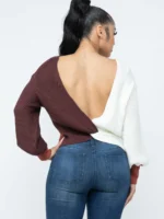 Rust Combo Color Block Twisted Open Back Women's Cozy Sweater - Image 6