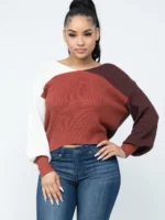 A cozy, loose-fit knit sweater in a rust colorblock palette featuring long drop-shoulder sleeves and a dramatic twist-detail open-back cutout.