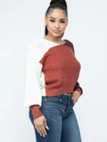 Rust Combo Color Block Twisted Open Back Women's Cozy Sweater - Image 5