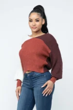 Rust Combo Color Block Twisted Open Back Women's Cozy Sweater - Image 4