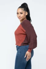 Rust Combo Color Block Twisted Open Back Women's Cozy Sweater - Image 3
