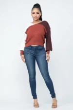 Rust Combo Color Block Twisted Open Back Women's Cozy Sweater - Image 2