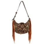 A leopard print handbag with brown fringe and a miniature biker jacket design