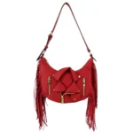 A red handbag with matching red fringe and a miniature biker jacket design.