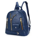 Women's soft grain navy vegan leather moto backpack with front zipper and buckle details