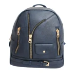 Women's soft grain navy vegan leather moto backpack with front zipper and buckle details