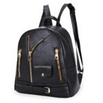 Women's soft grain navy vegan leather moto backpack with front zipper and buckle details