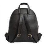 Women's soft grain navy vegan leather moto backpack with front zipper and buckle details