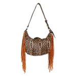 A leopard print handbag with brown fringe and a miniature biker jacket design