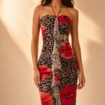 Leopard & Red Hibiscus Halter Tie Power Mesh Mermaid Women's Maxi Dress - Image 4