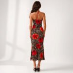 Leopard & Red Hibiscus Halter Tie Power Mesh Mermaid Women's Maxi Dress - Image 5
