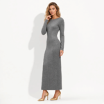 A women's light heather charcoal grey long-sleeve bodycon maxi dress with a double-layered stretch fit, boat neckline, and a thigh-high side slit.