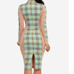 Green Plaid Dress, Mesh Side Bodycon, Green Tartan Dress, See-Through Side Dress, Long Sleeve Plaid - Image 3